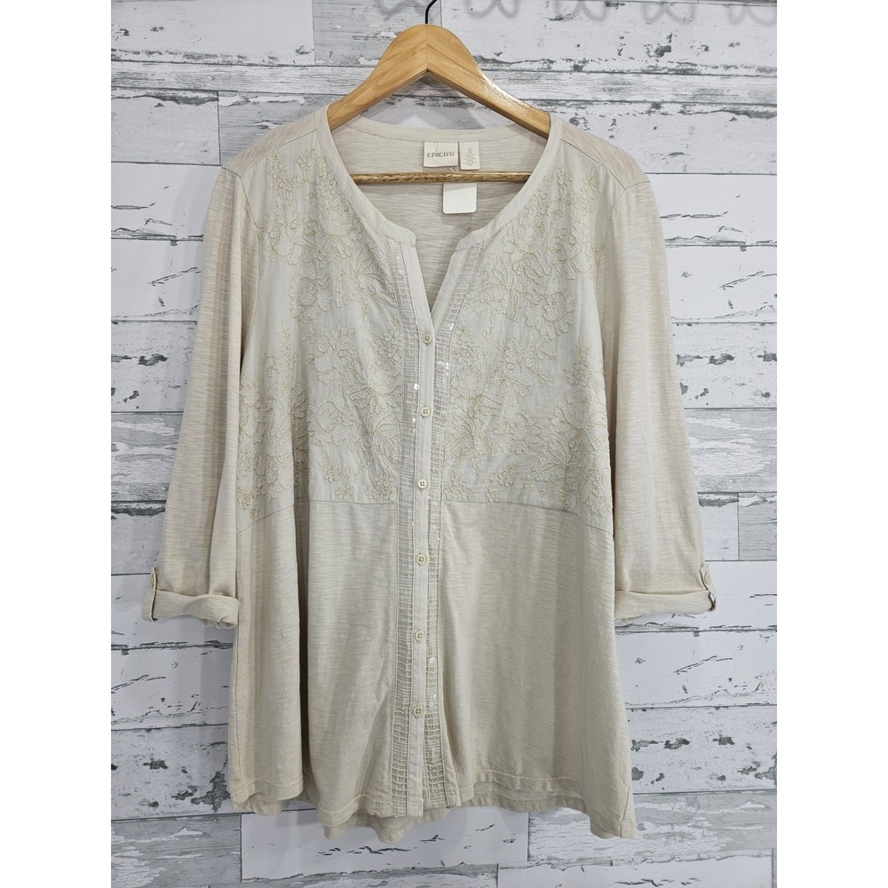 Chicos Womens Xlarge Embroidered Sequin Knit Button Front Top Beige